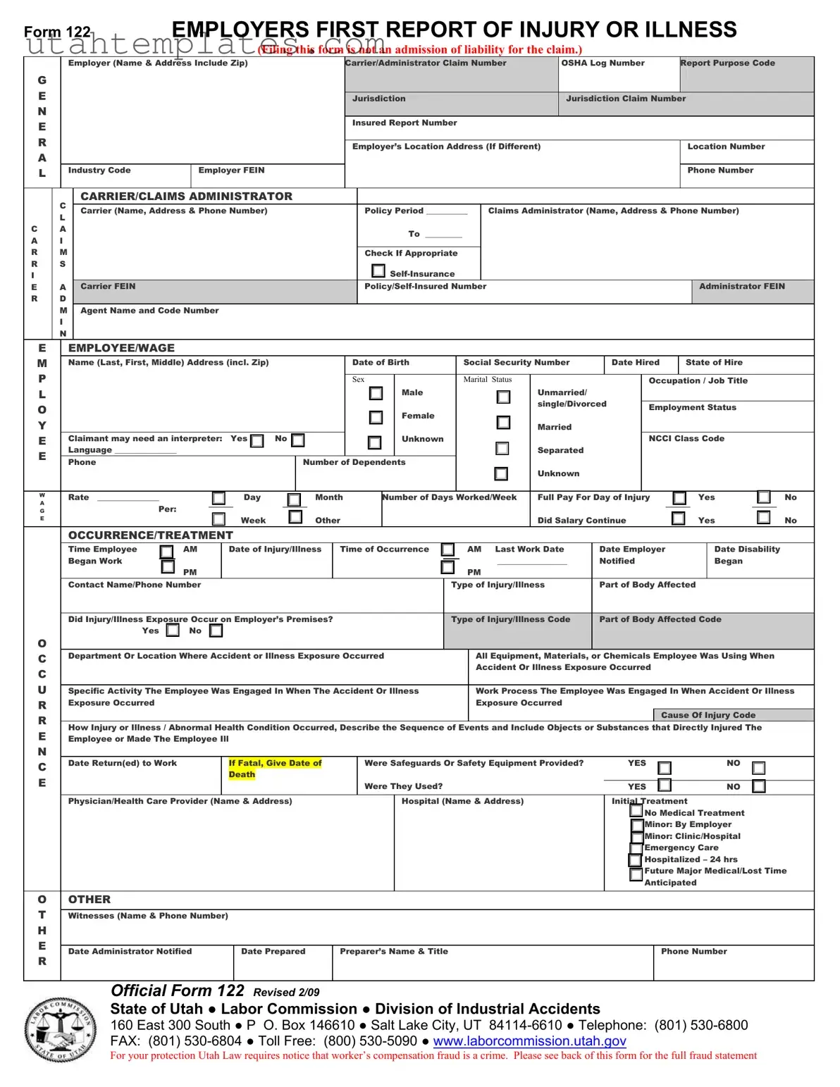 Blank Official 122 Utah Form