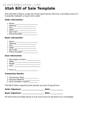 Free  Bill of Sale Form for Utah