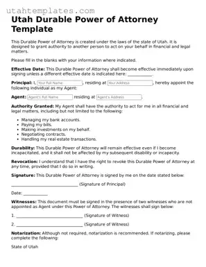 Free  Durable Power of Attorney Form for Utah