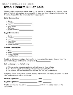Free  Firearm Bill of Sale Form for Utah