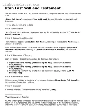 Free  Last Will and Testament Form for Utah