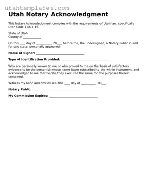 Free  Notary Acknowledgement Form for Utah