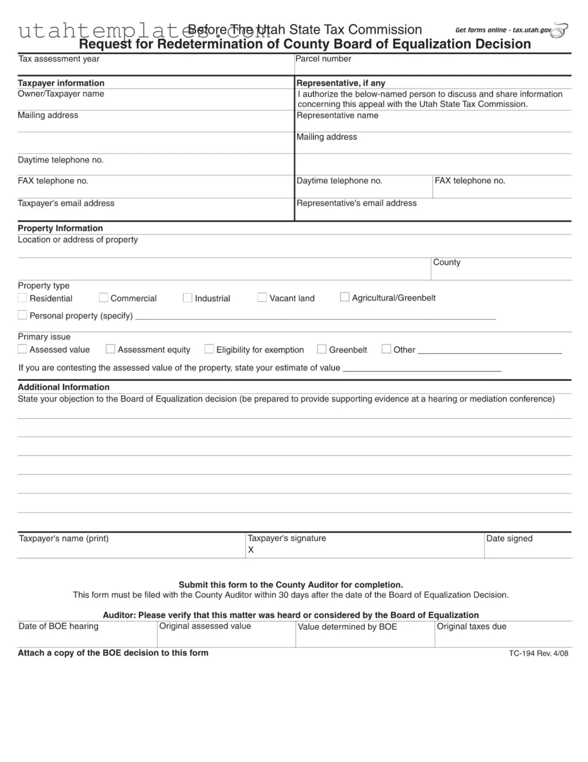 Blank Tc 194 Utah Form