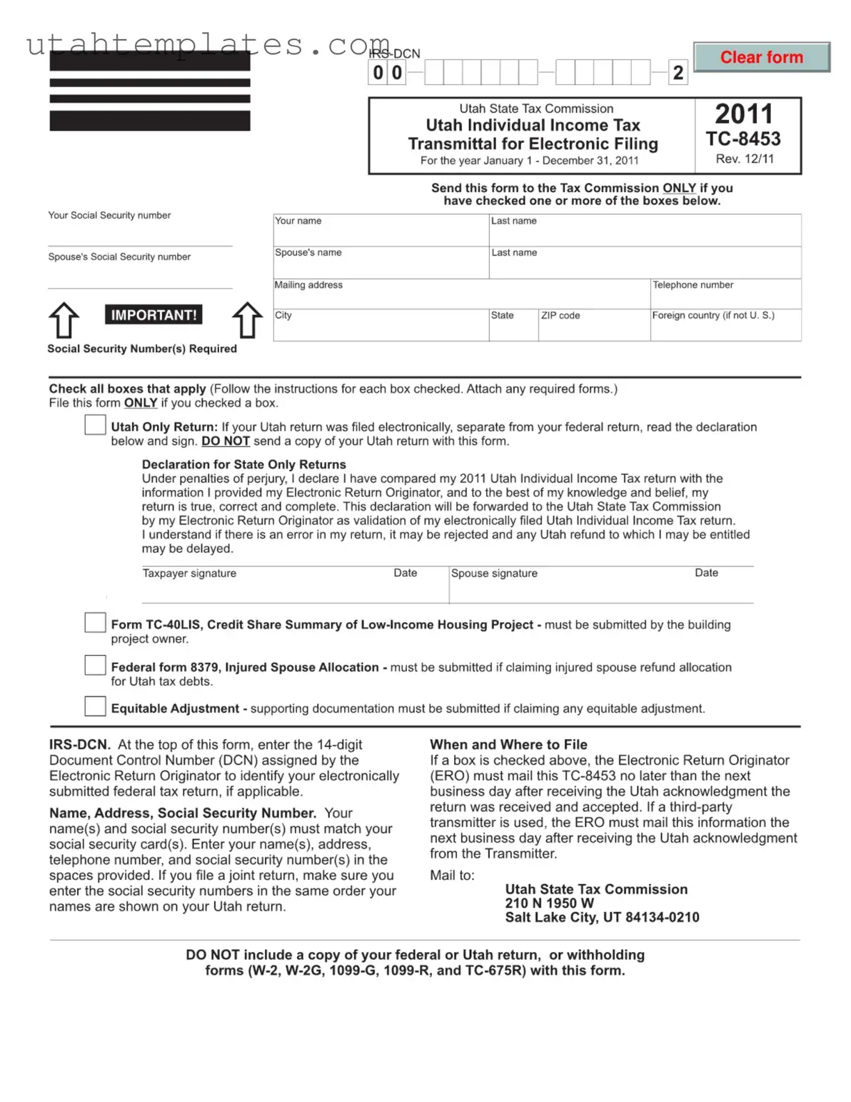 Blank Tc 8453 Utah Form