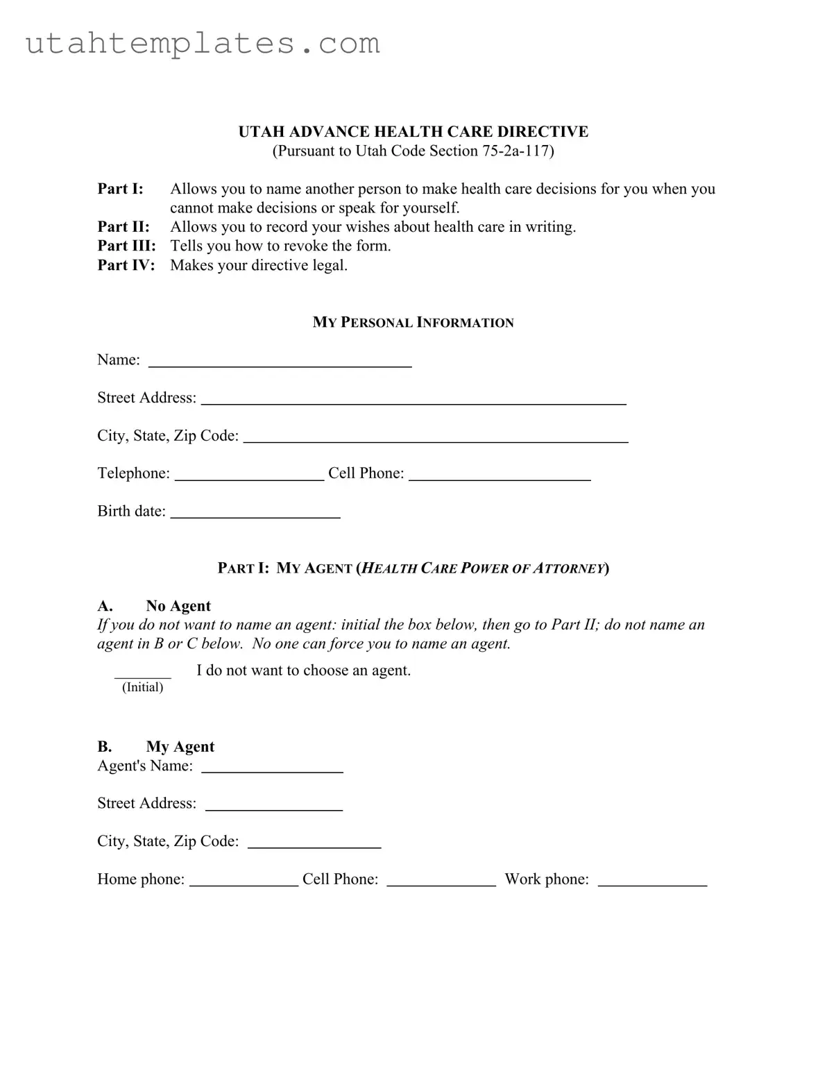 Blank Utah Advance Health Care Form