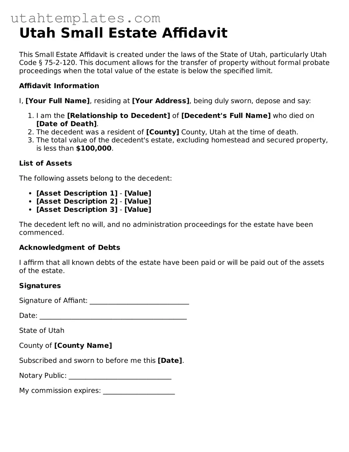 Free  Small Estate Affidavit Form for Utah