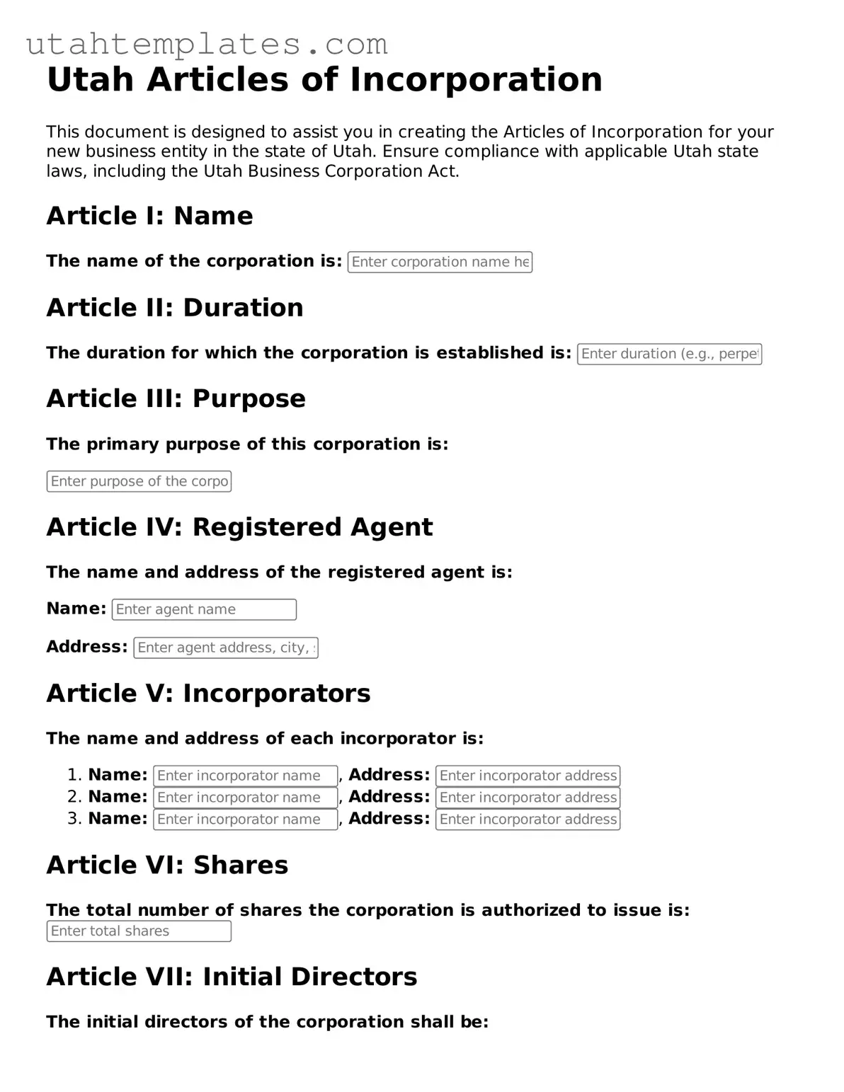 Free  Articles of Incorporation Form for Utah