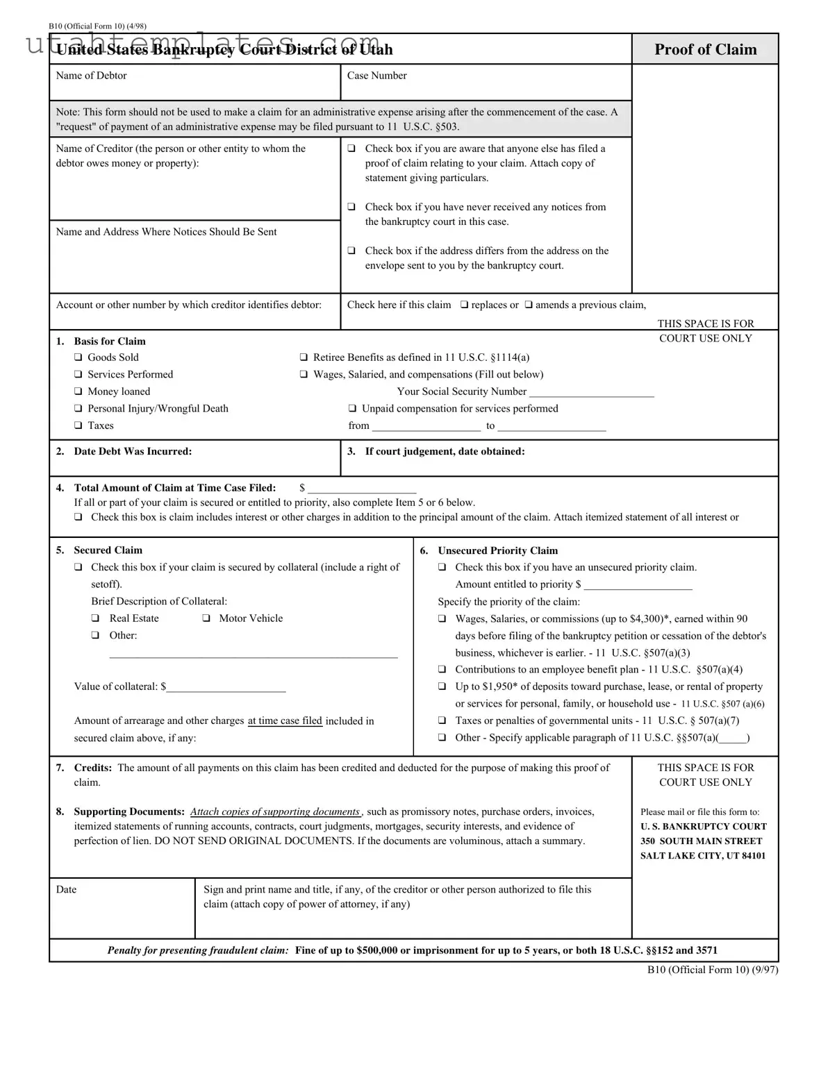 Blank Utah B10 Form