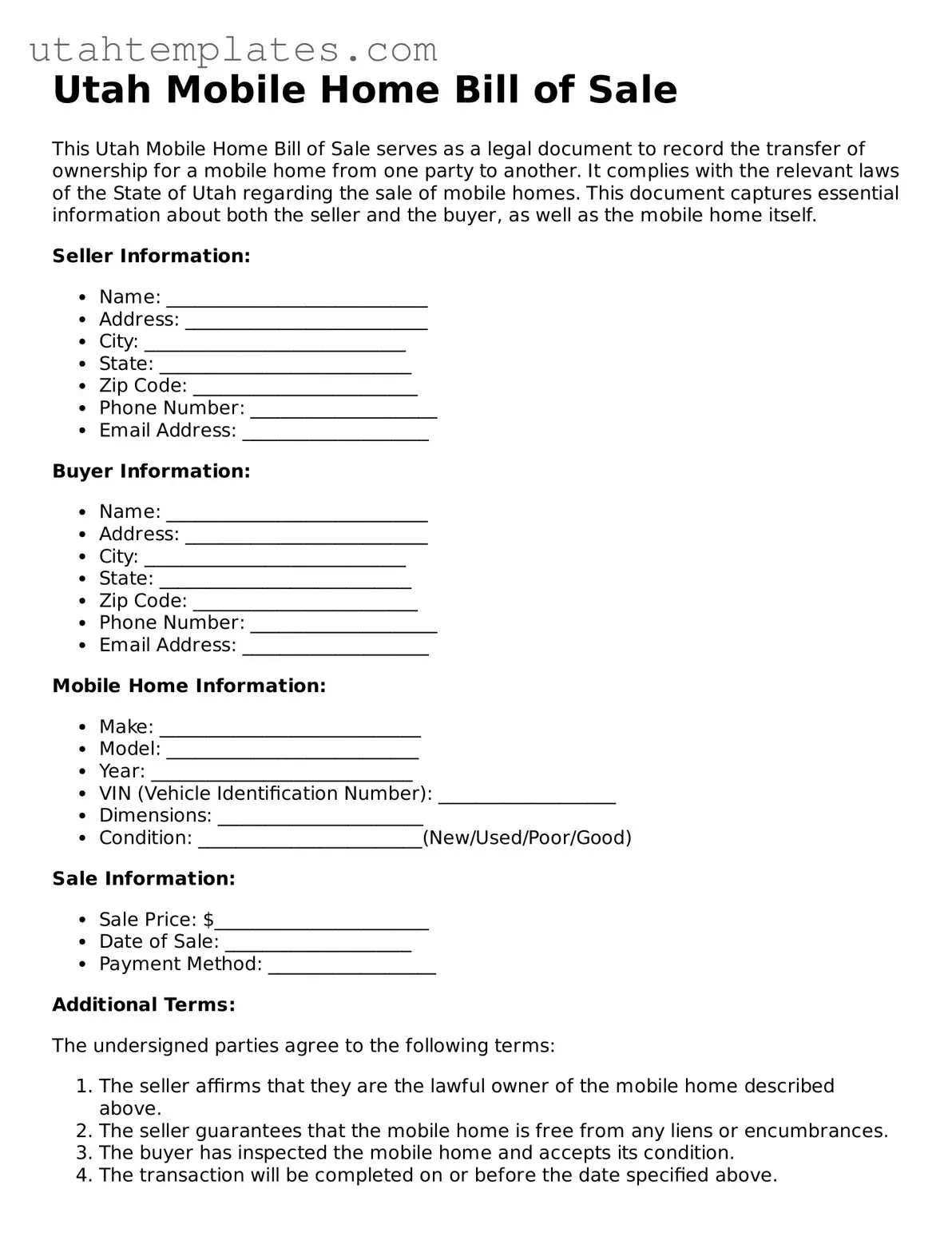 Free  Mobile Home Bill of Sale Form for Utah