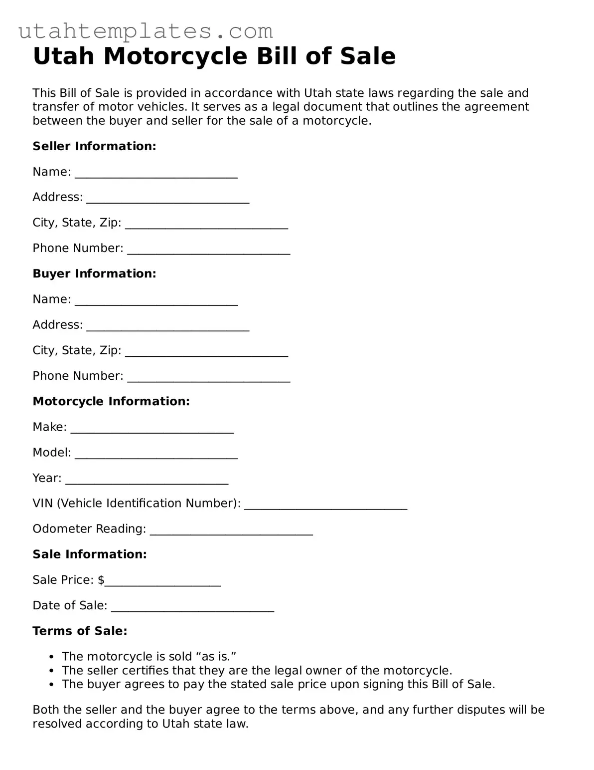 Free  Motorcycle Bill of Sale Form for Utah