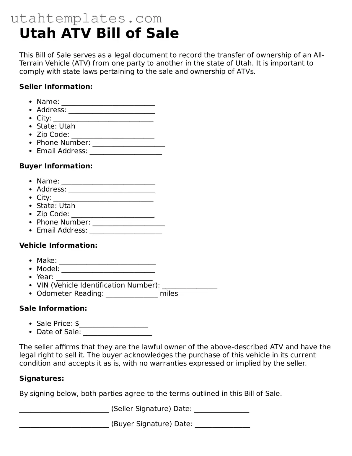 Free  ATV Bill of Sale Form for Utah