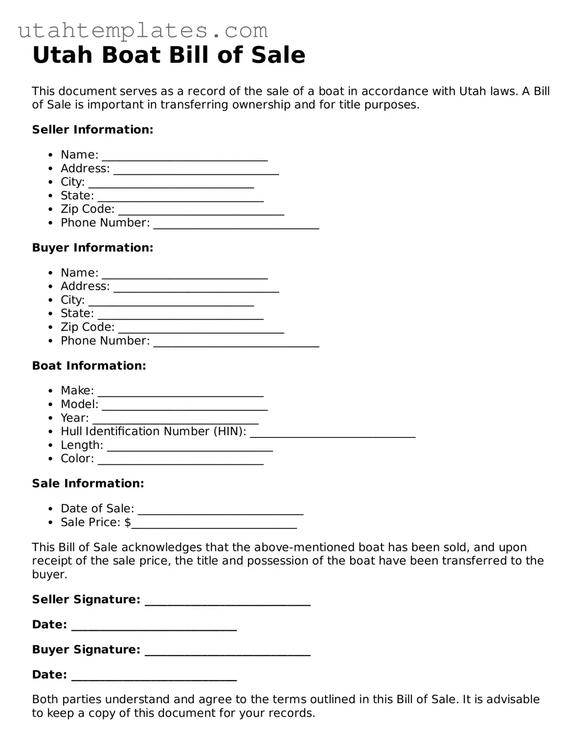 Free  Boat Bill of Sale Form for Utah