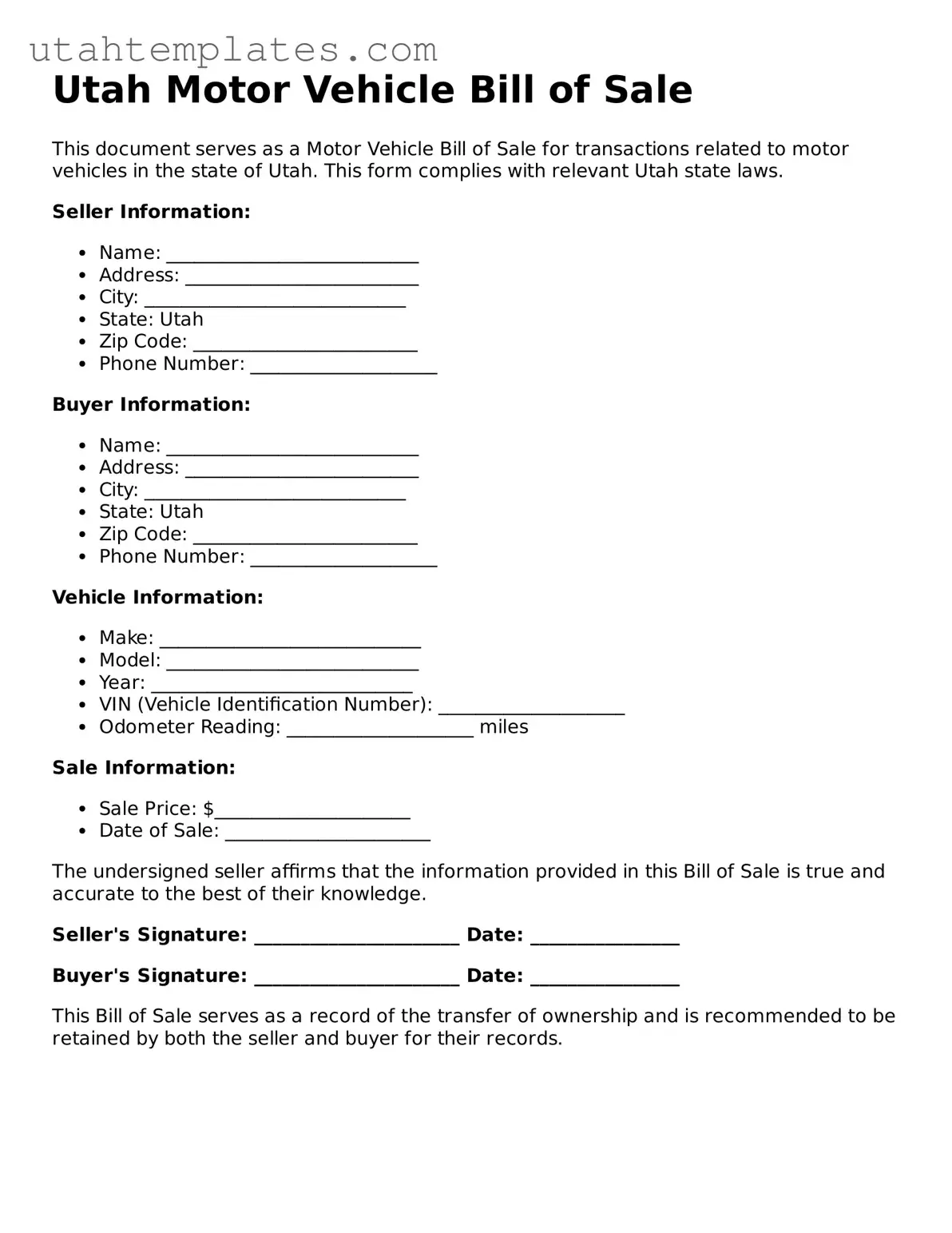 Free  Motor Vehicle Bill of Sale Form for Utah