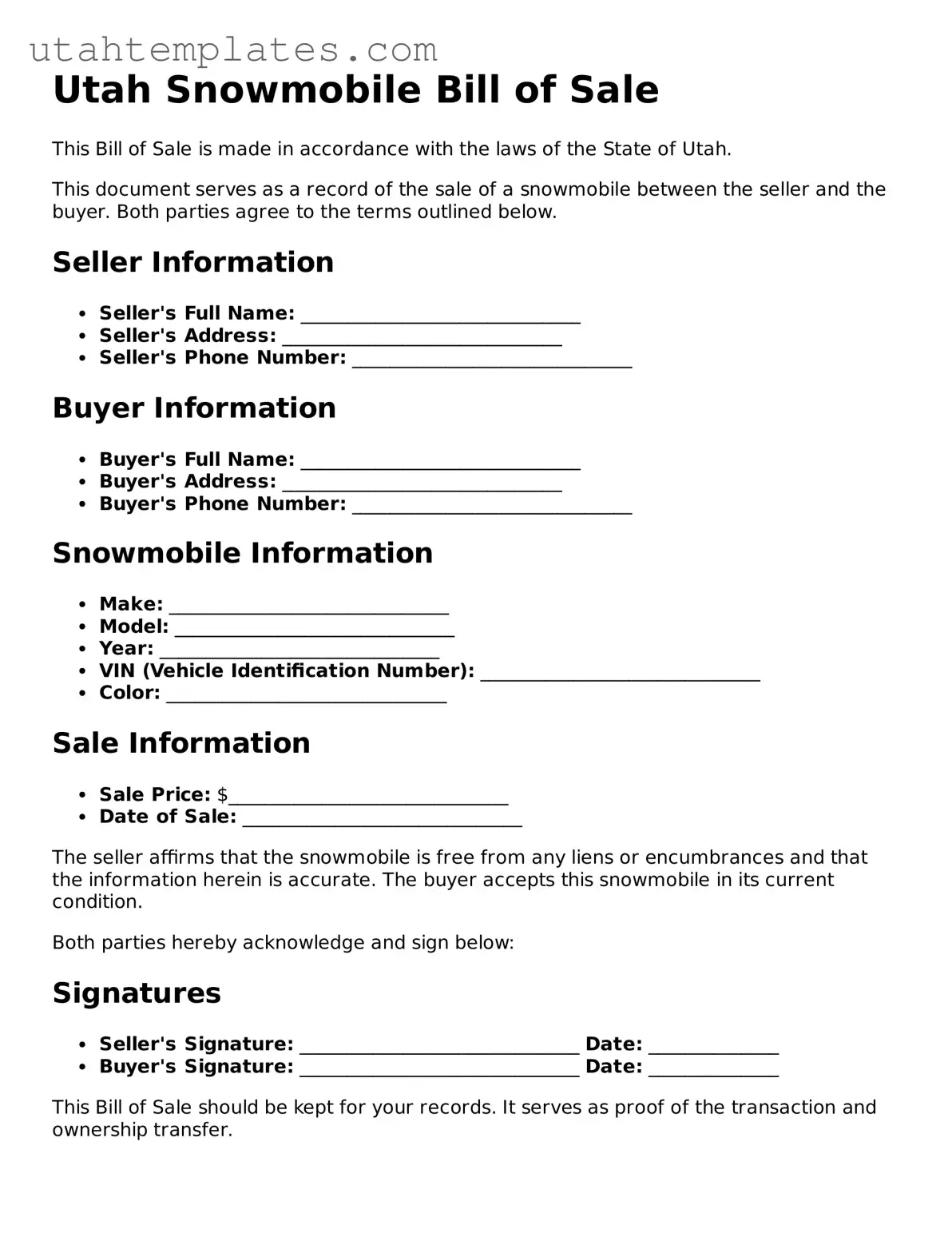 Free  Snowmobile Bill of Sale Form for Utah