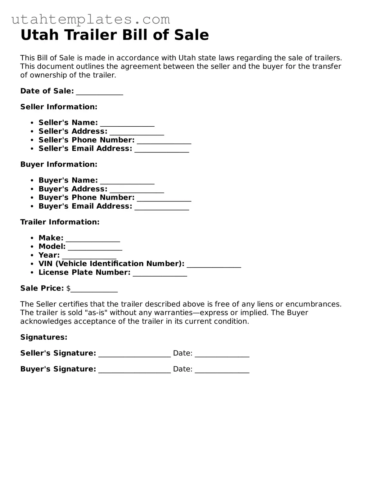 Free  Trailer Bill of Sale Form for Utah