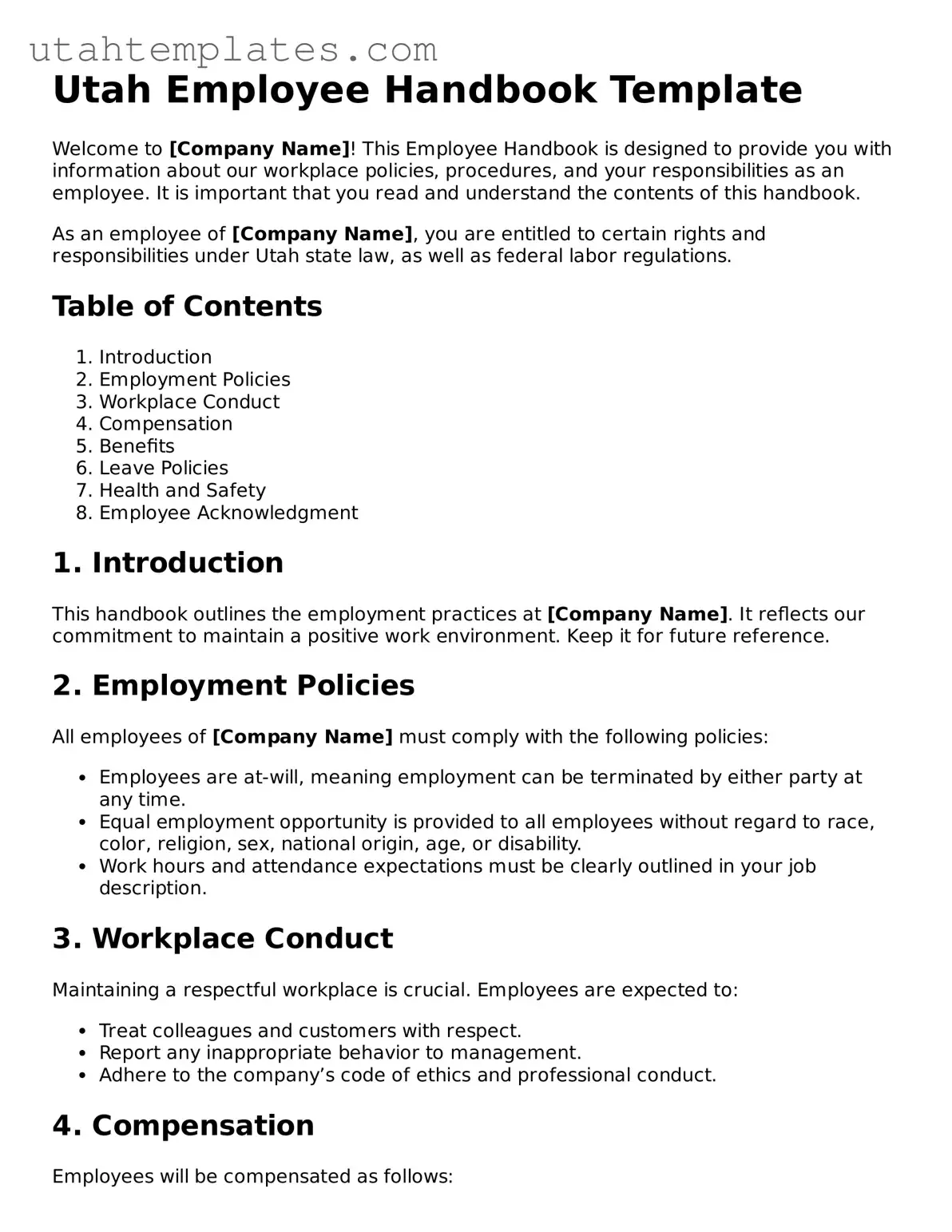 Free  Employee Handbook Form for Utah