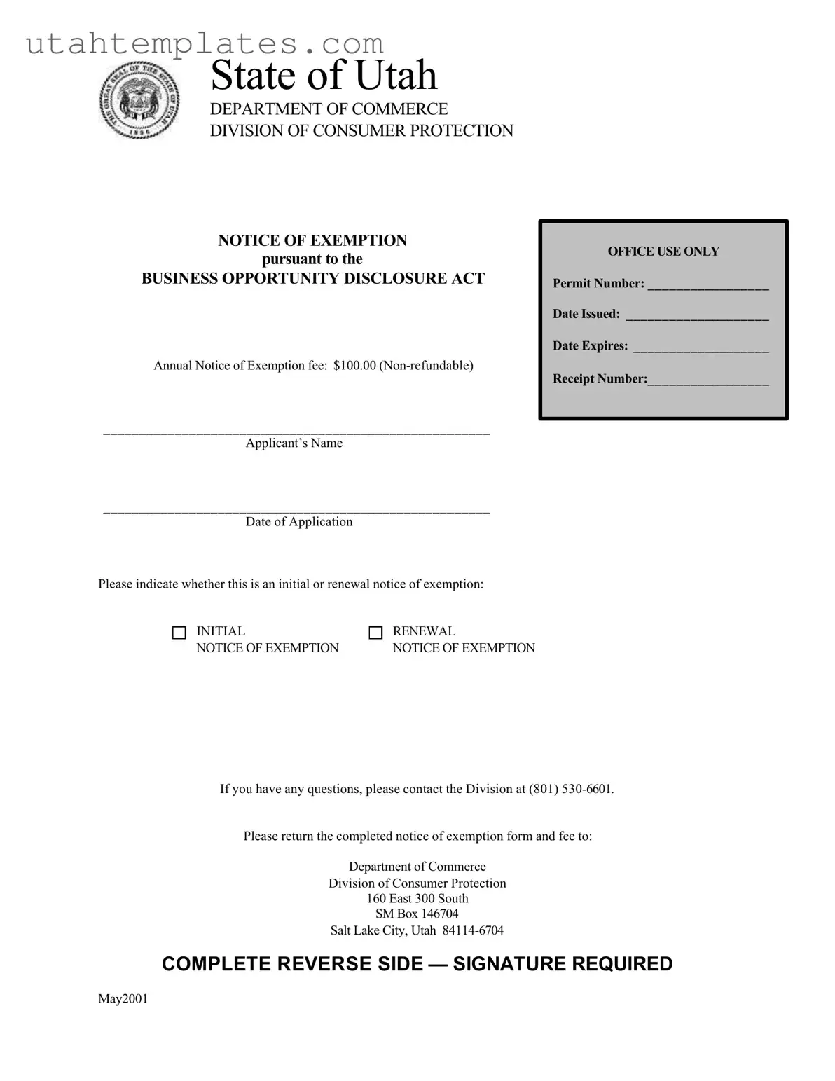 Blank Utah Department Commerce Notice Form