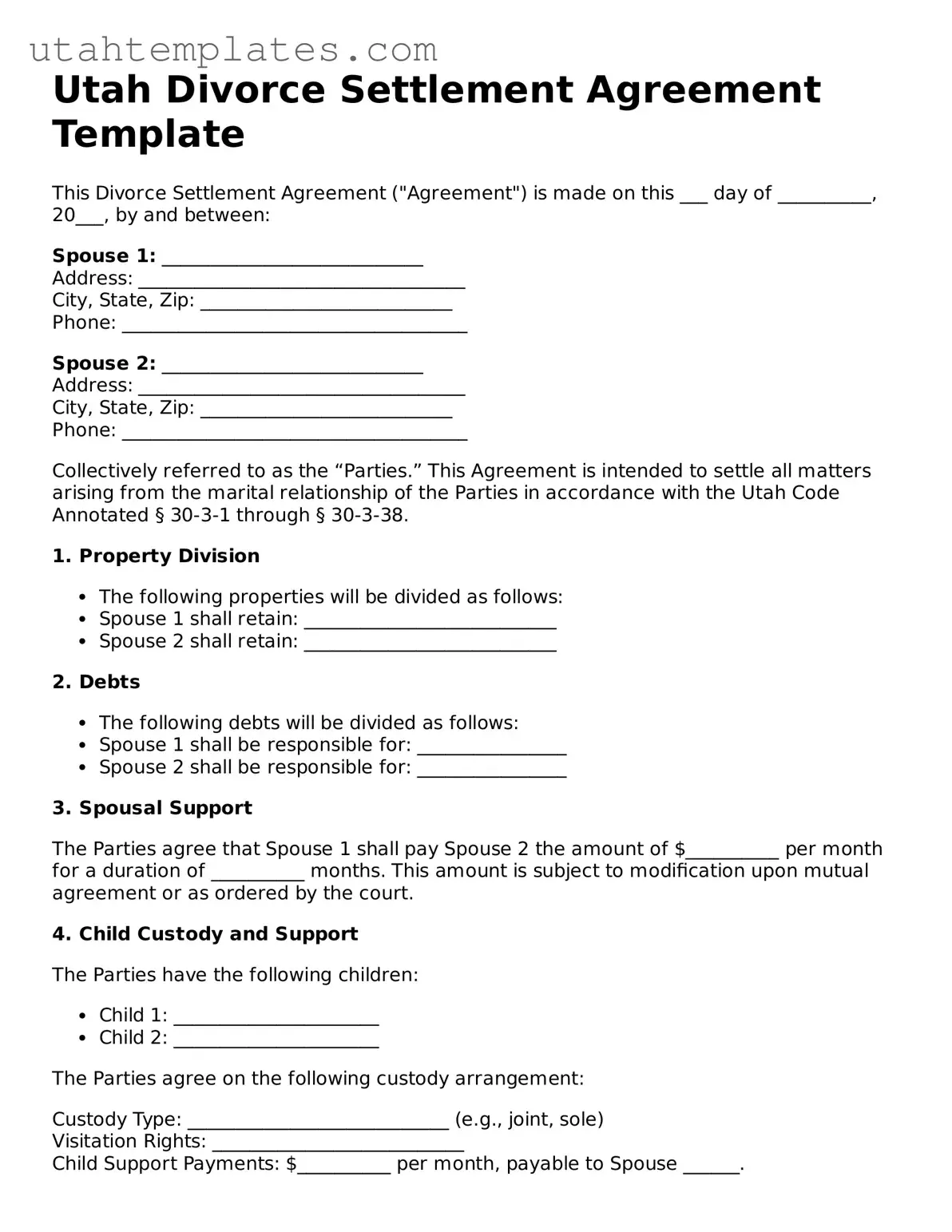 Free  Divorce Settlement Agreement Form for Utah