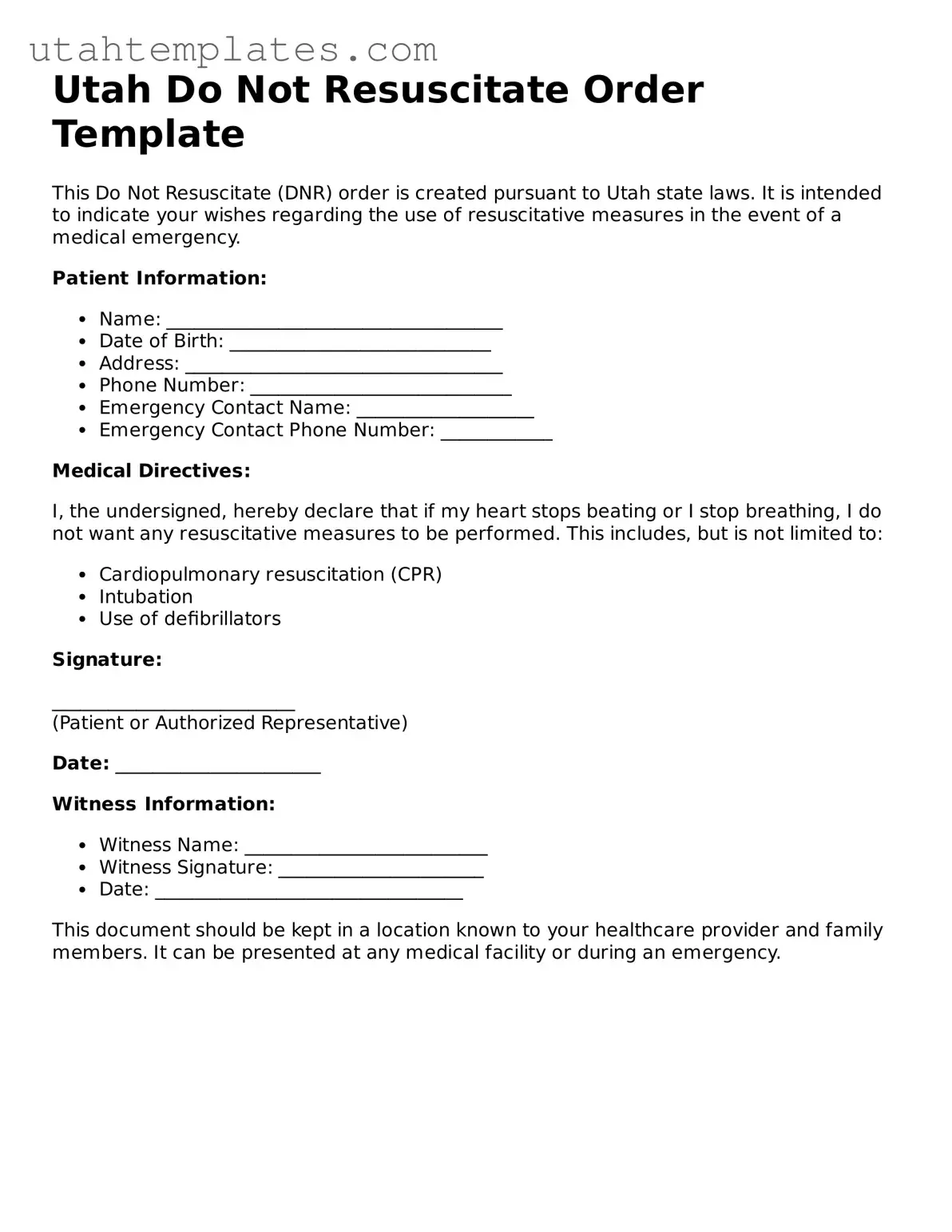 Free  Do Not Resuscitate Order Form for Utah