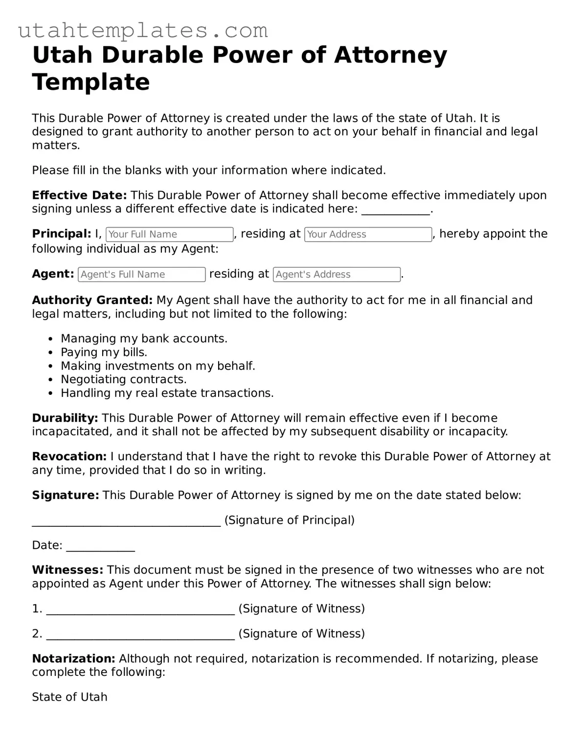 Free  Durable Power of Attorney Form for Utah