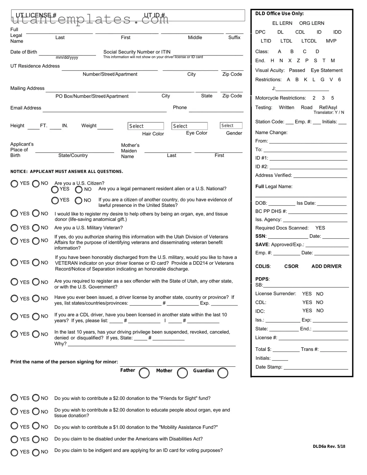 Blank Utah Driver License Application Form