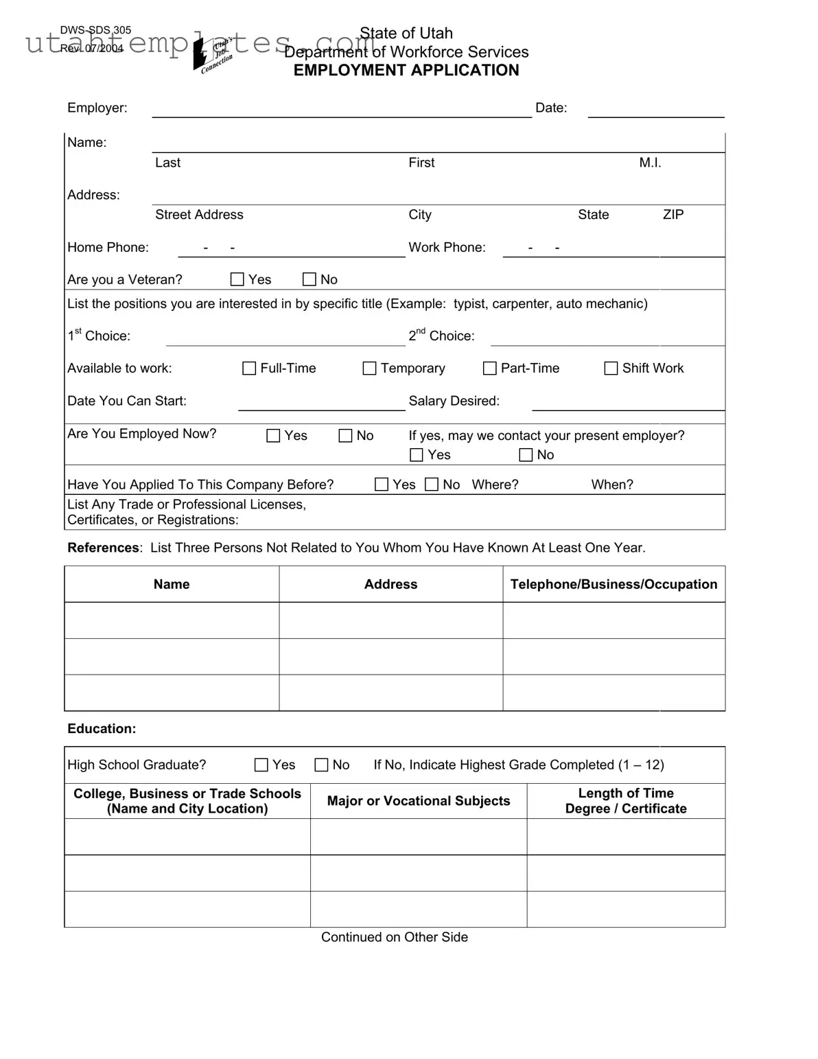Blank Utah Dws Sds 305 Form