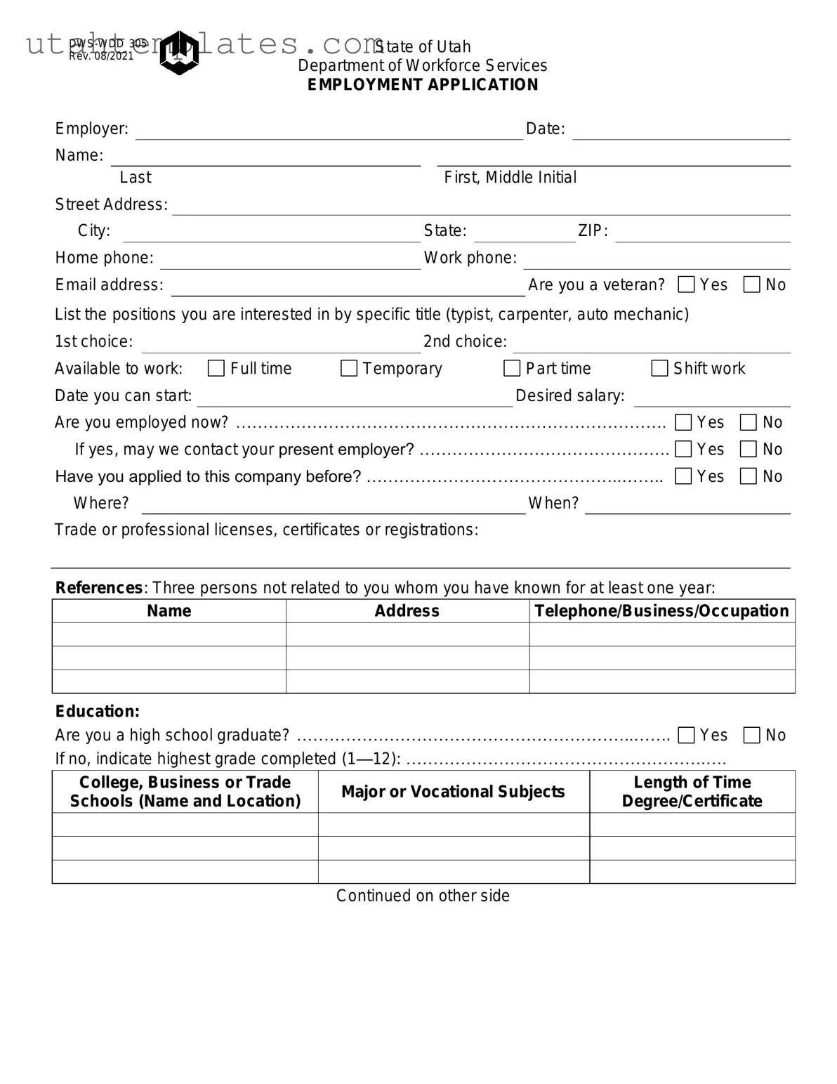 Blank Utah Dws Wdd 305 Form
