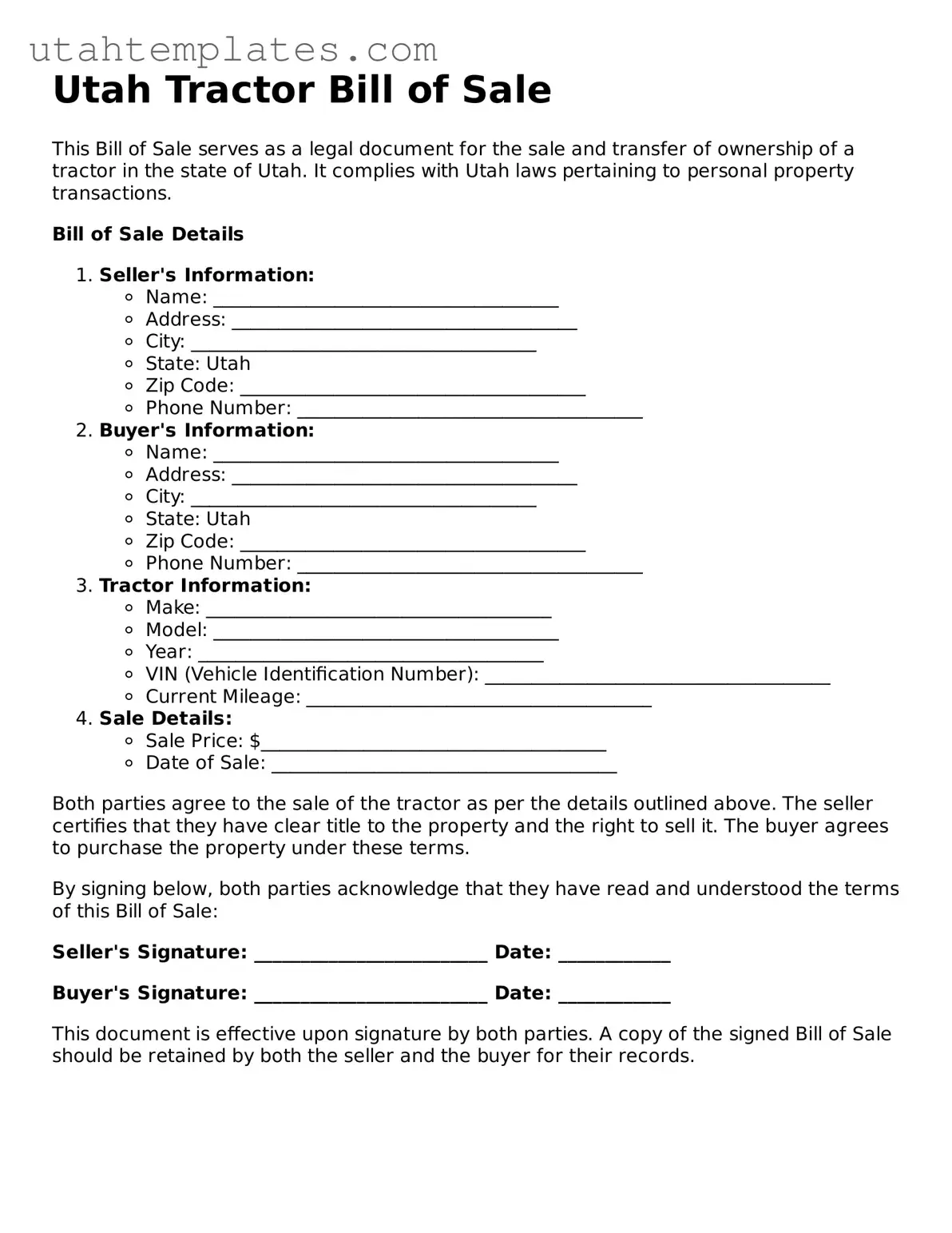 Free  Tractor Bill of Sale Form for Utah