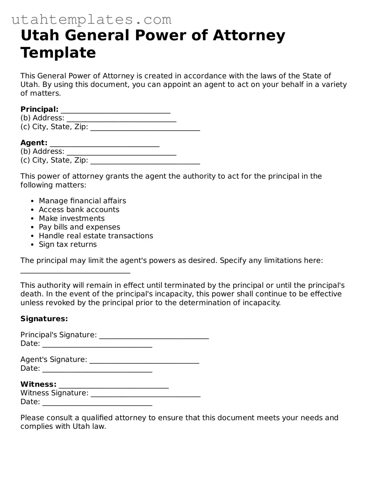 Free  General Power of Attorney Form for Utah