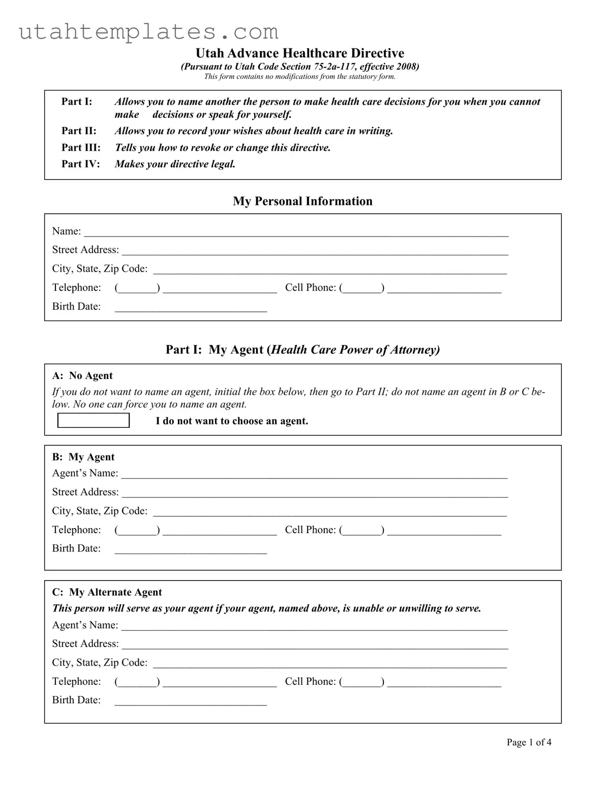Blank Utah Healthcare Directive Form
