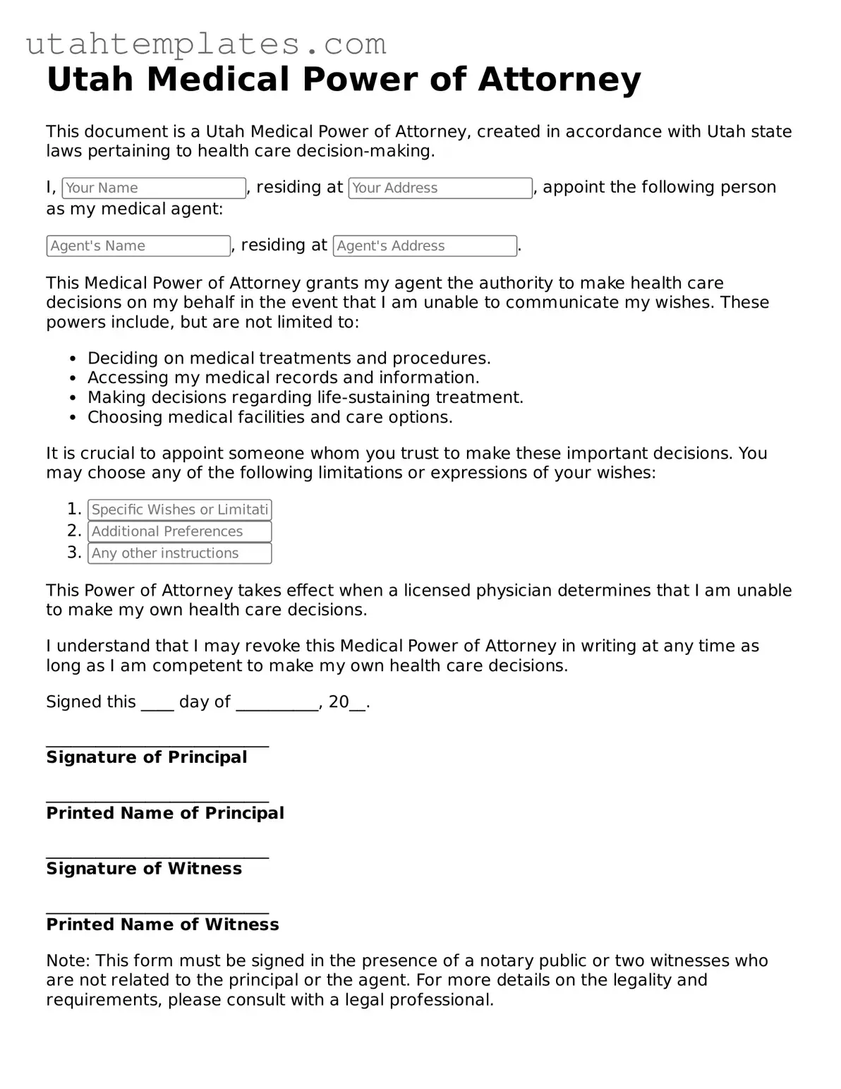 Free  Medical Power of Attorney Form for Utah