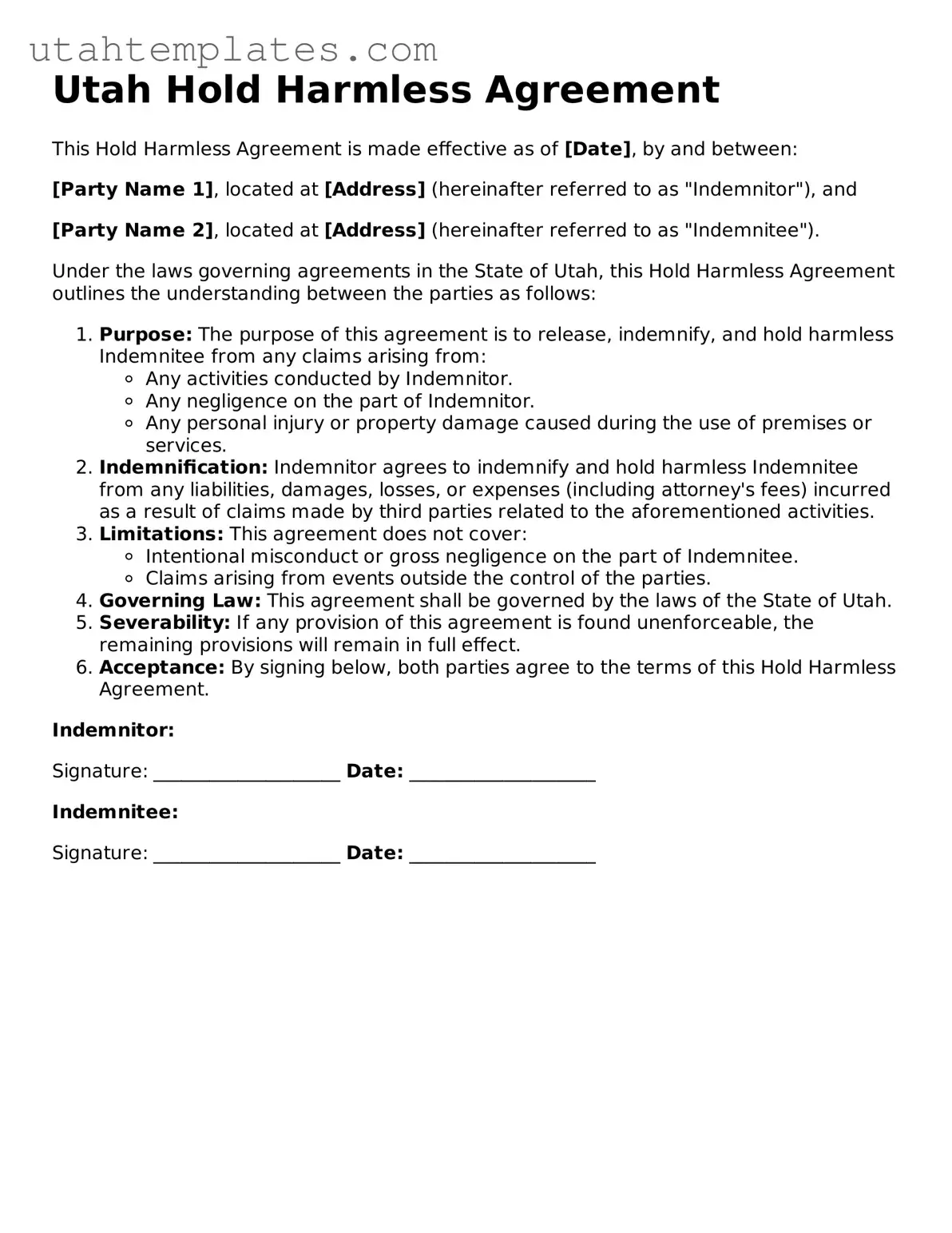 Free  Hold Harmless Agreement Form for Utah