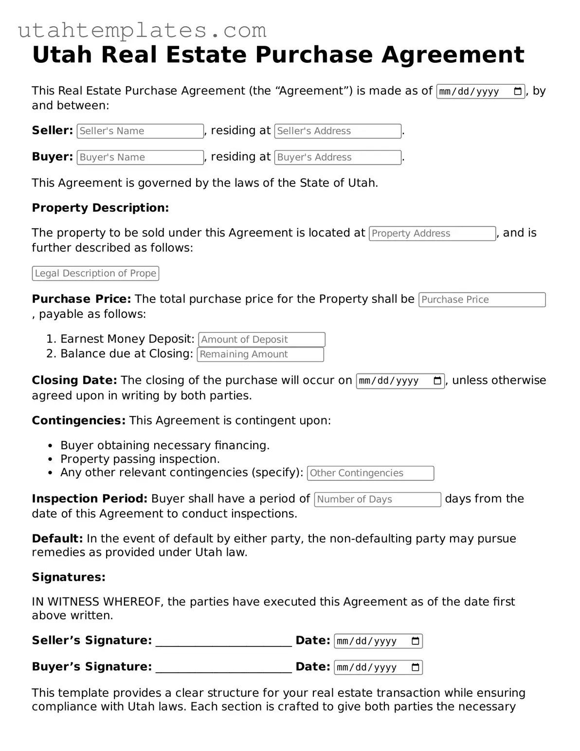 Free  Real Estate Purchase Agreement Form for Utah