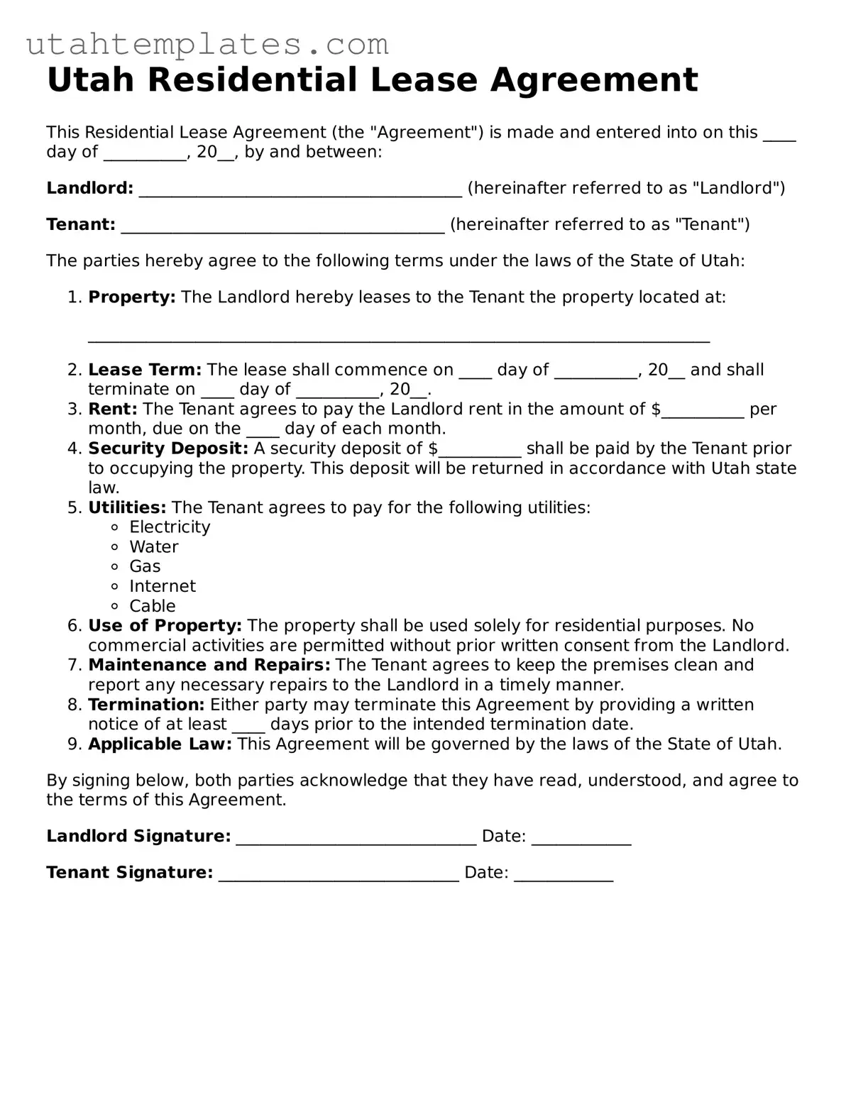 Free  Residential Lease Agreement Form for Utah