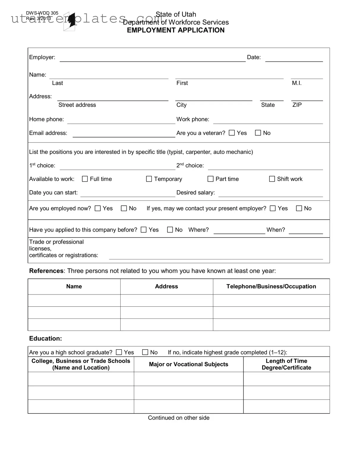 Blank Utah Job Application Form