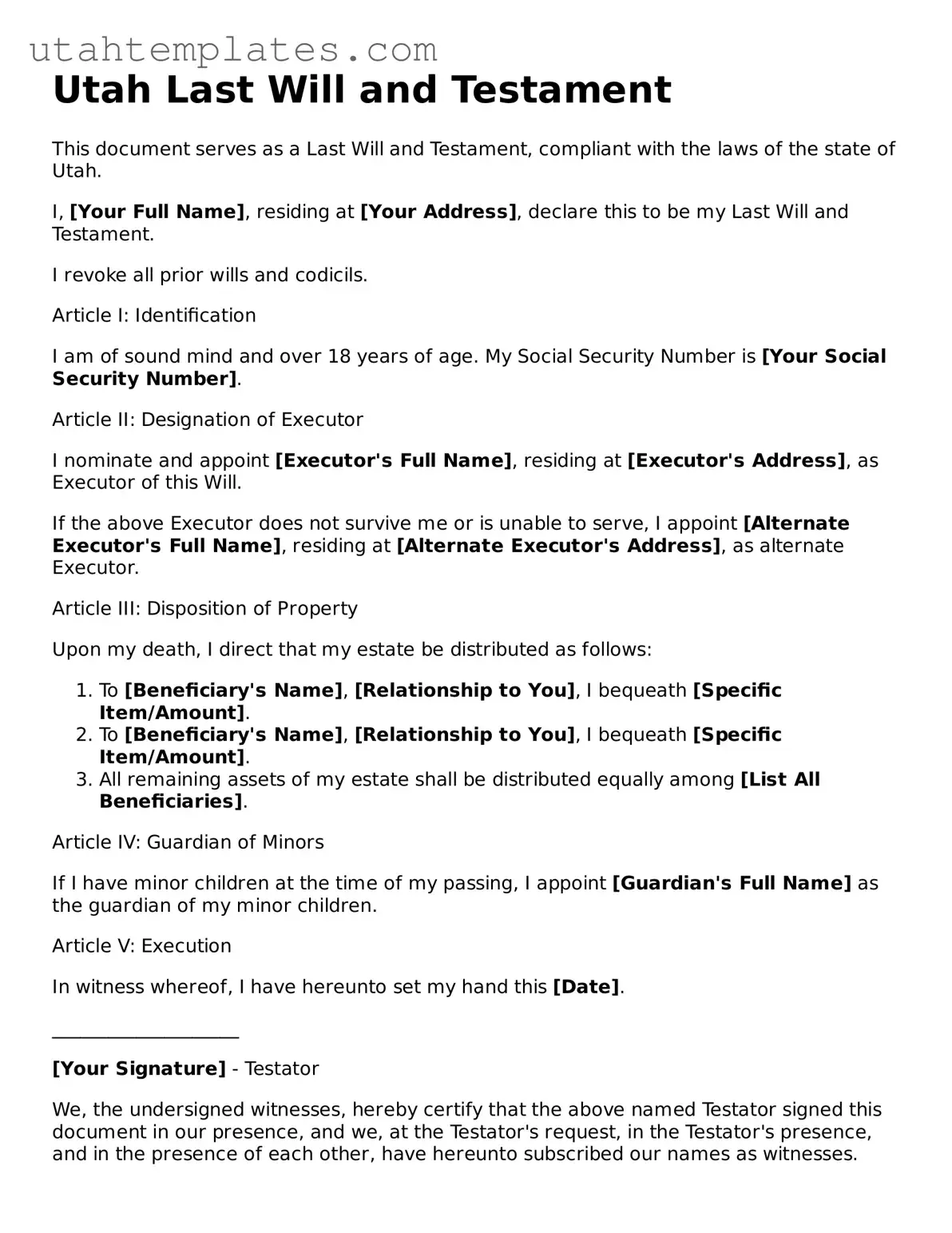 Free  Last Will and Testament Form for Utah