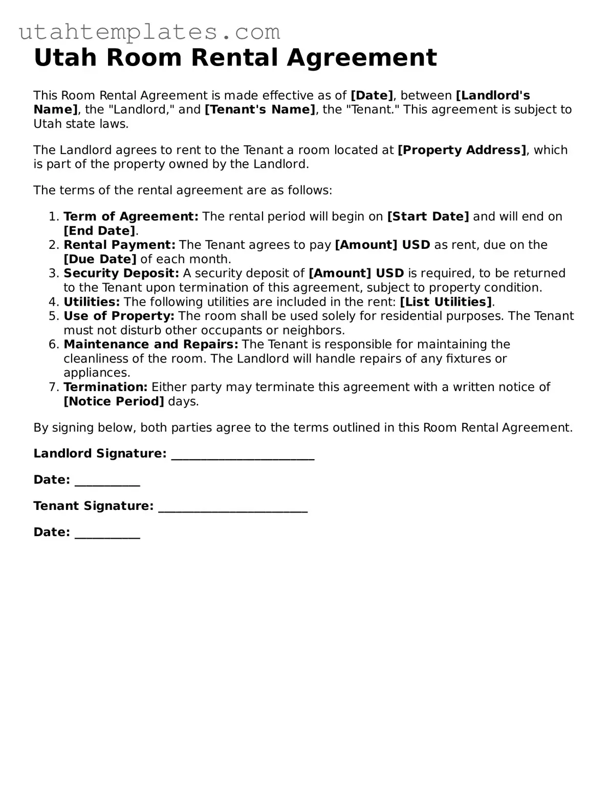 Free  Room Rental Agreement Form for Utah