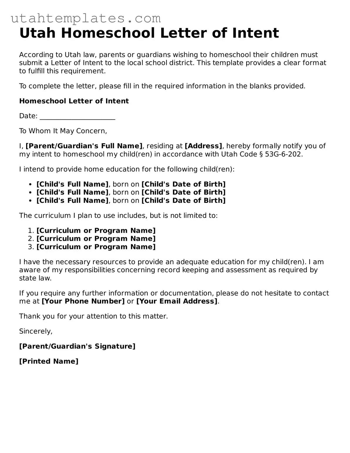 Free  Homeschool Letter of Intent Form for Utah