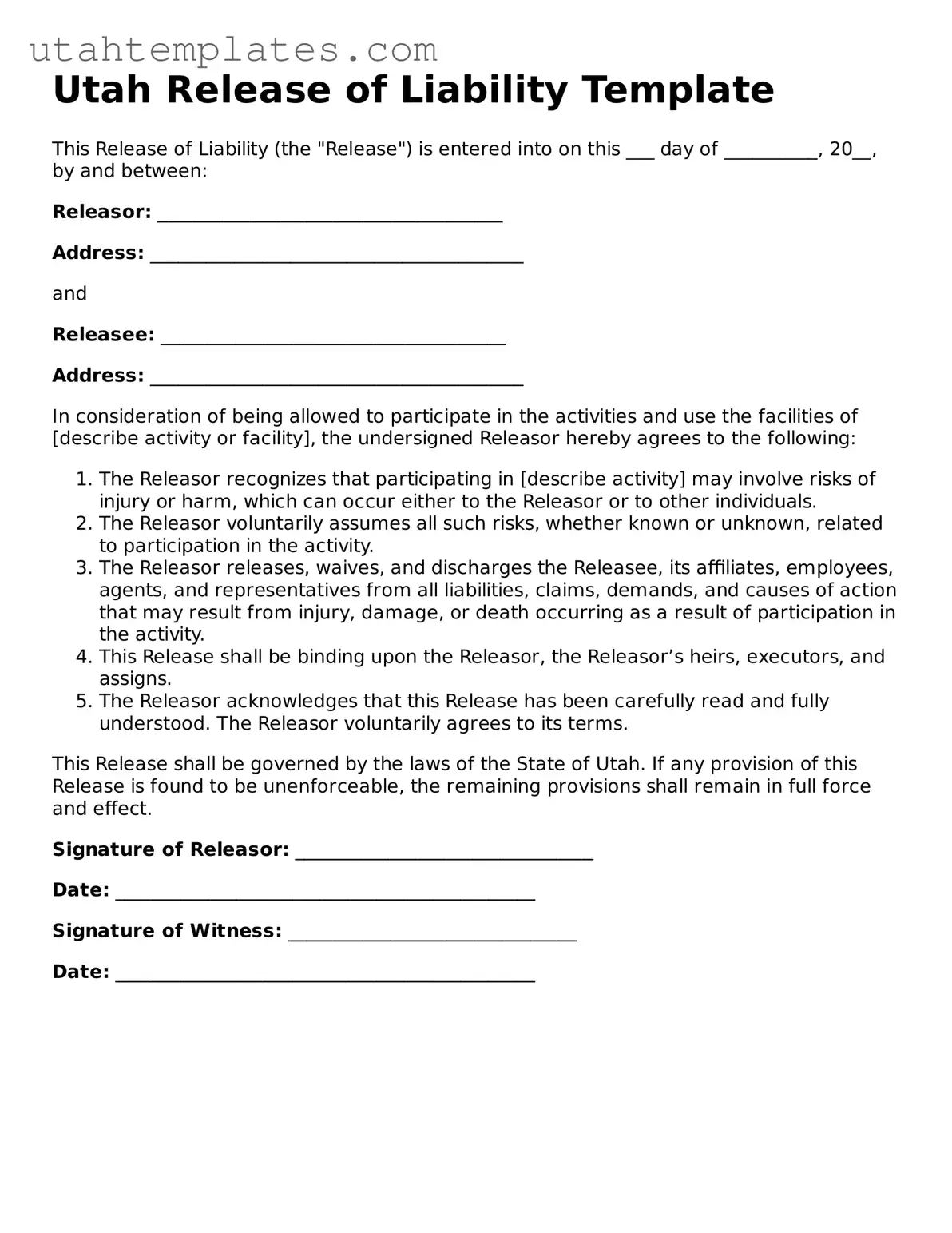 Free  Release of Liability Form for Utah