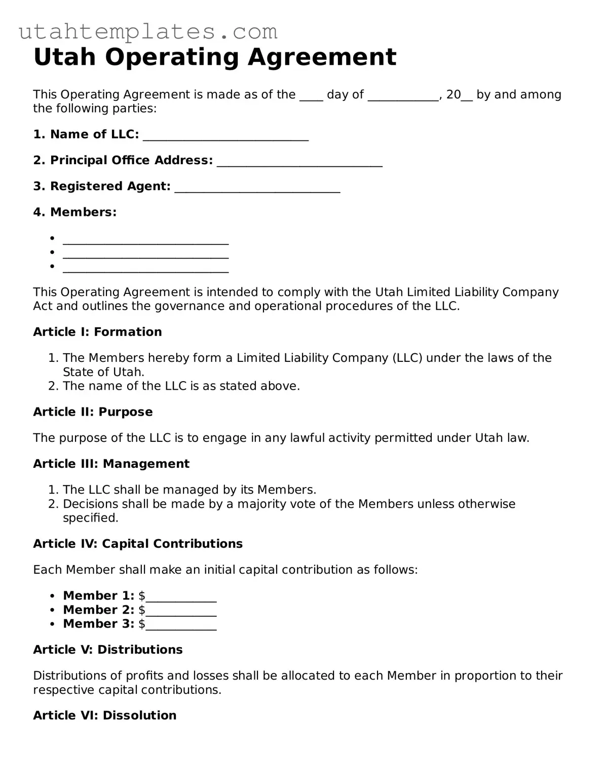 Free  Operating Agreement Form for Utah