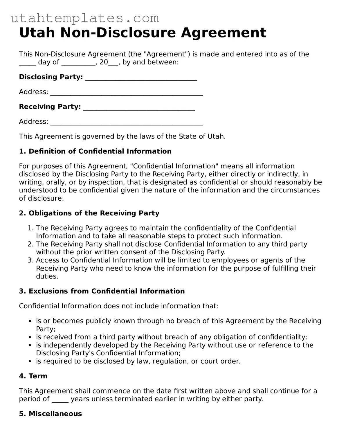 Free  Non-disclosure Agreement Form for Utah