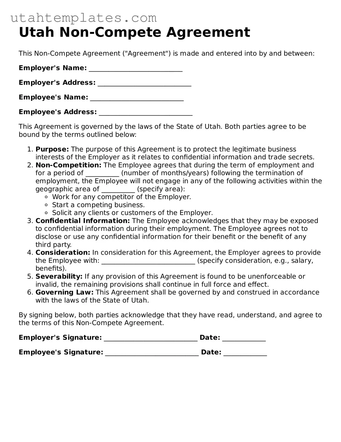 Free  Non-compete Agreement Form for Utah