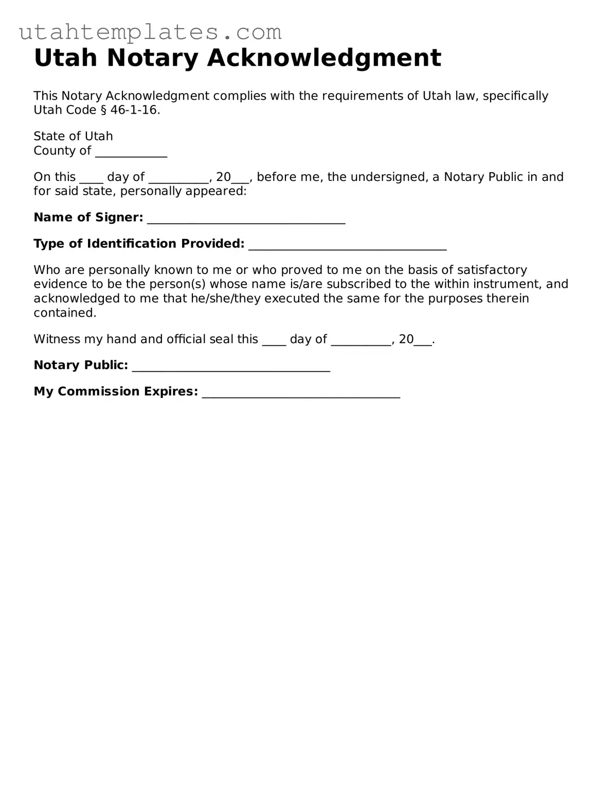 Free  Notary Acknowledgement Form for Utah