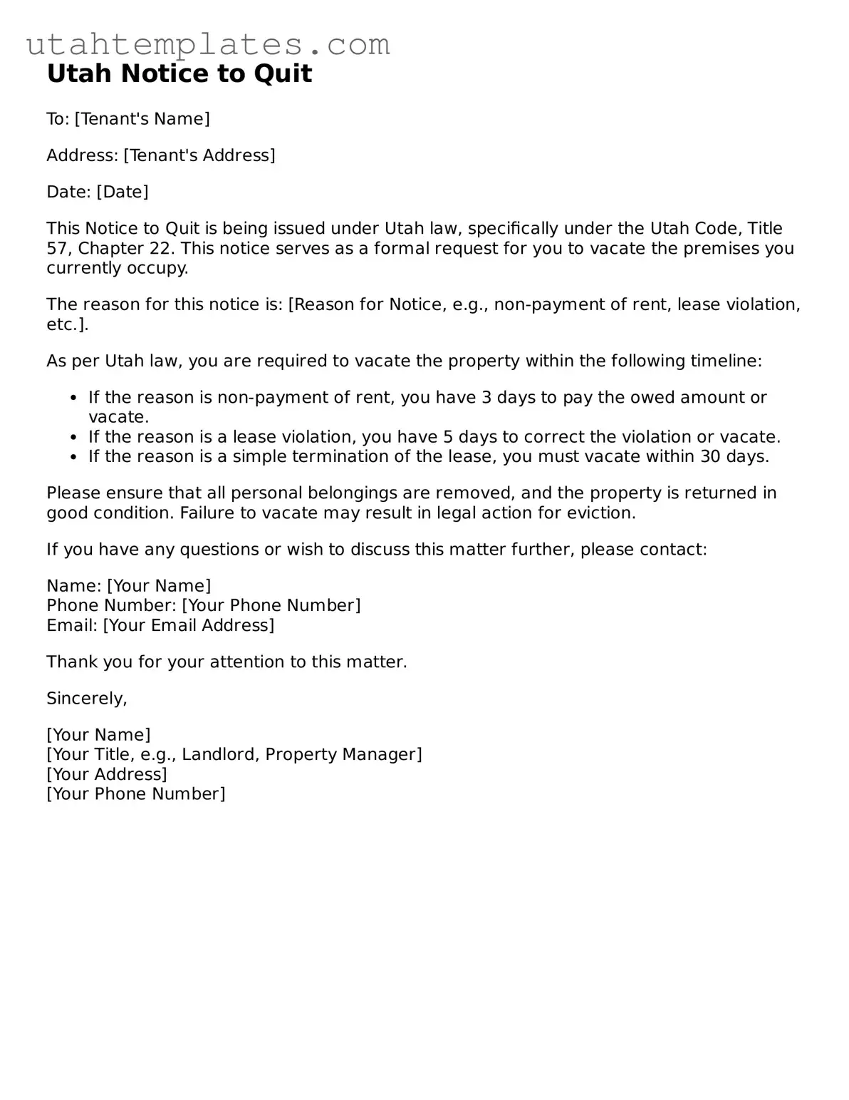 Free  Notice to Quit Form for Utah