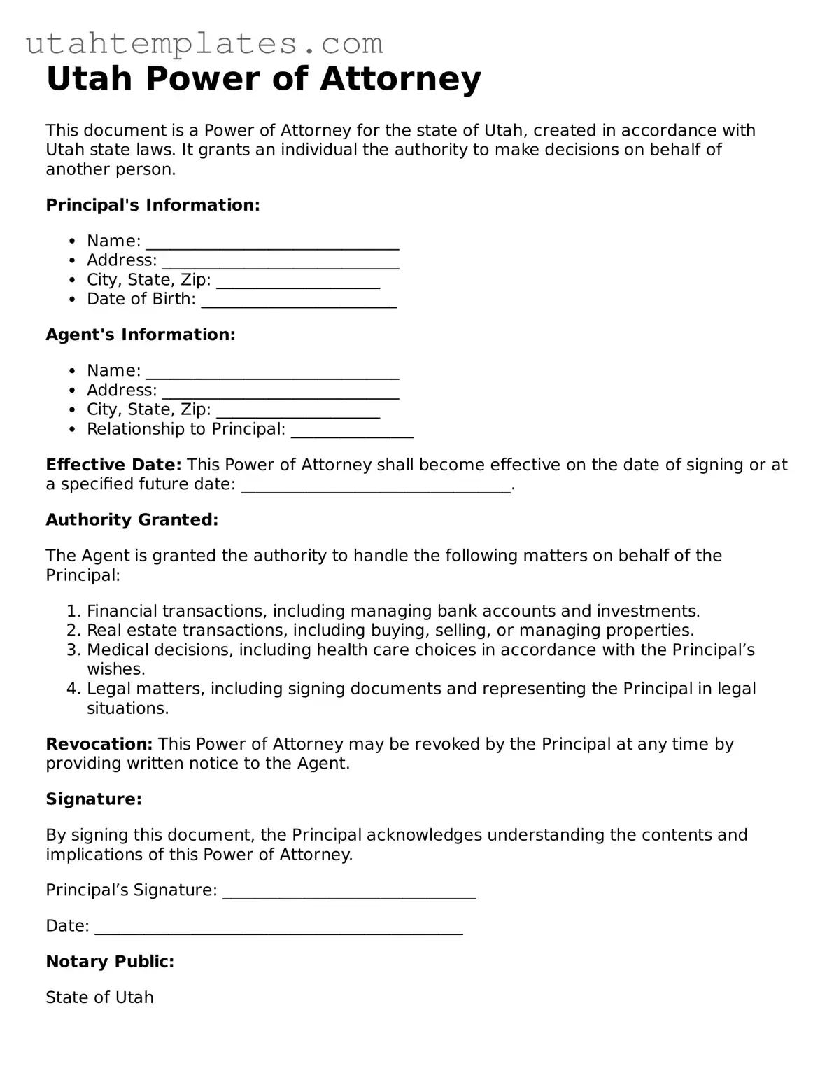 Free  Power of Attorney Form for Utah
