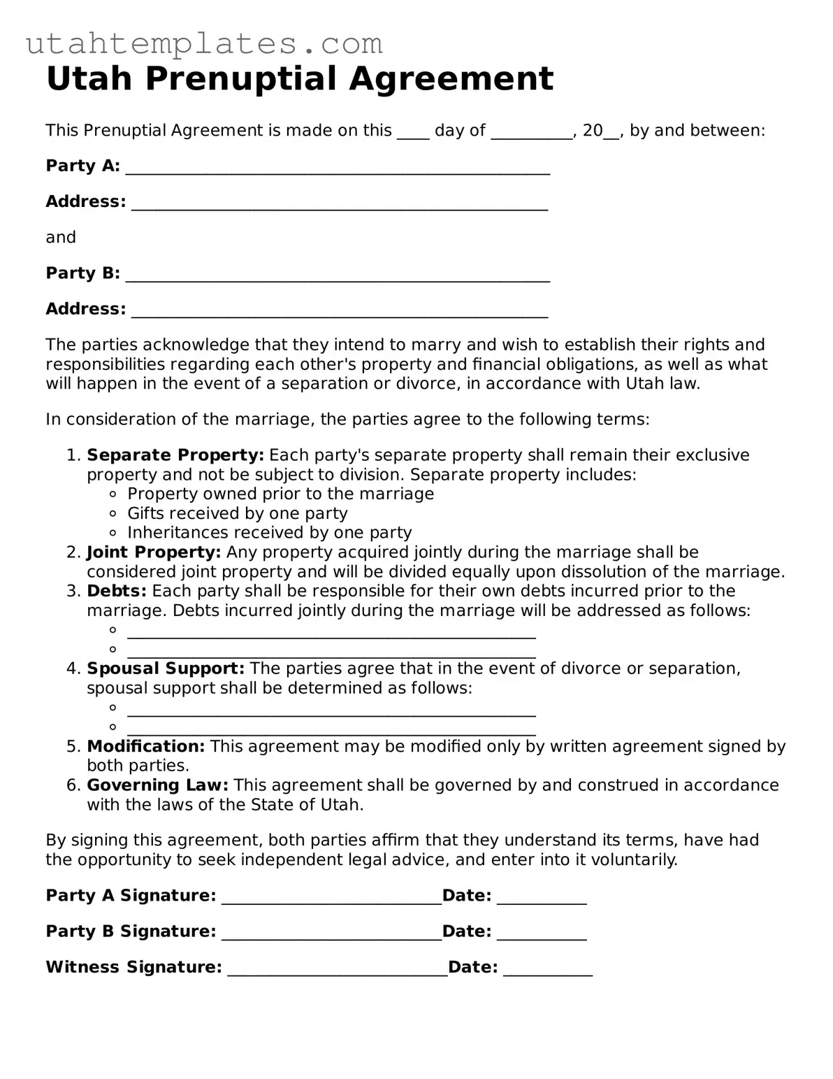 Free  Prenuptial Agreement Form for Utah