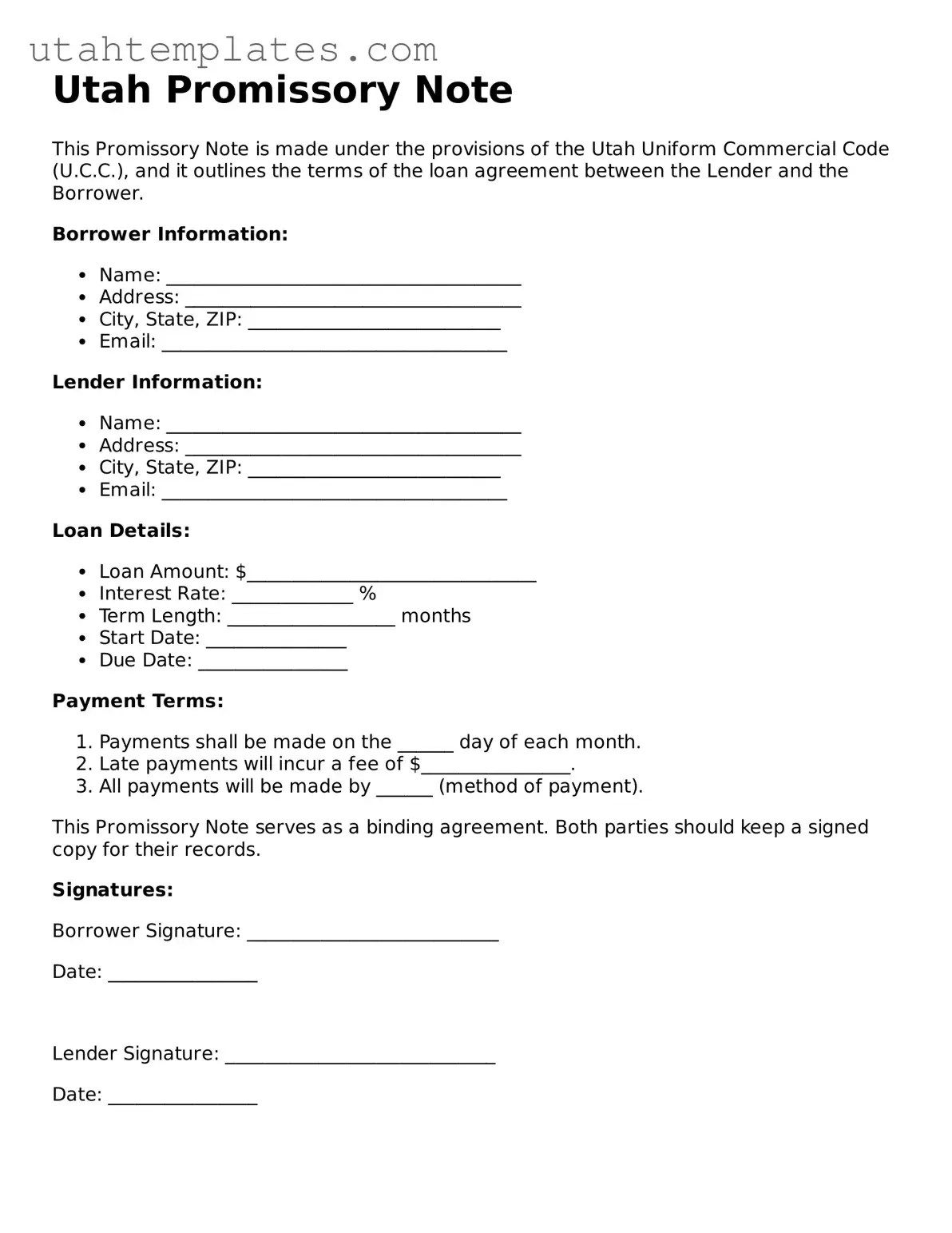 Free  Promissory Note Form for Utah
