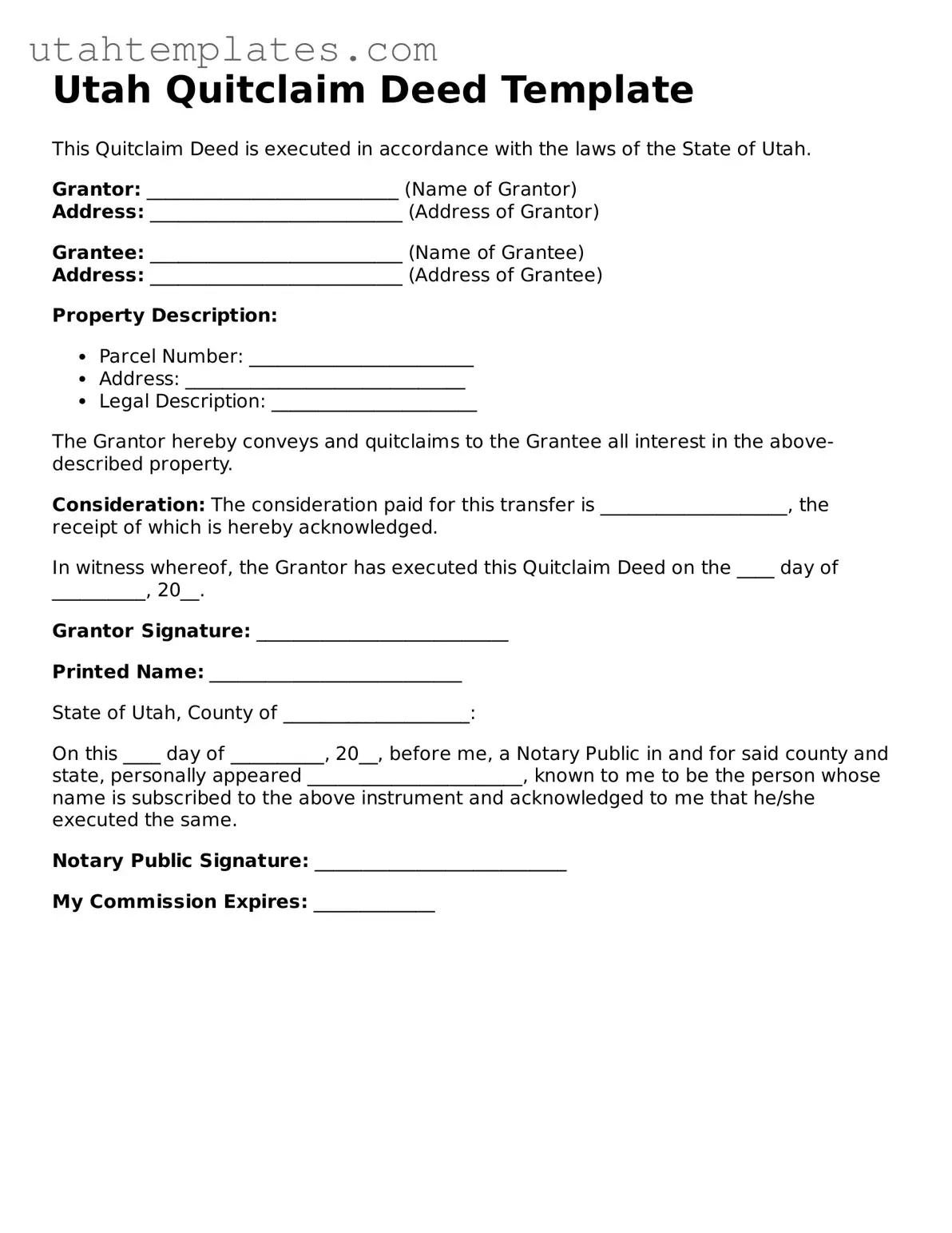 Free  Quitclaim Deed Form for Utah
