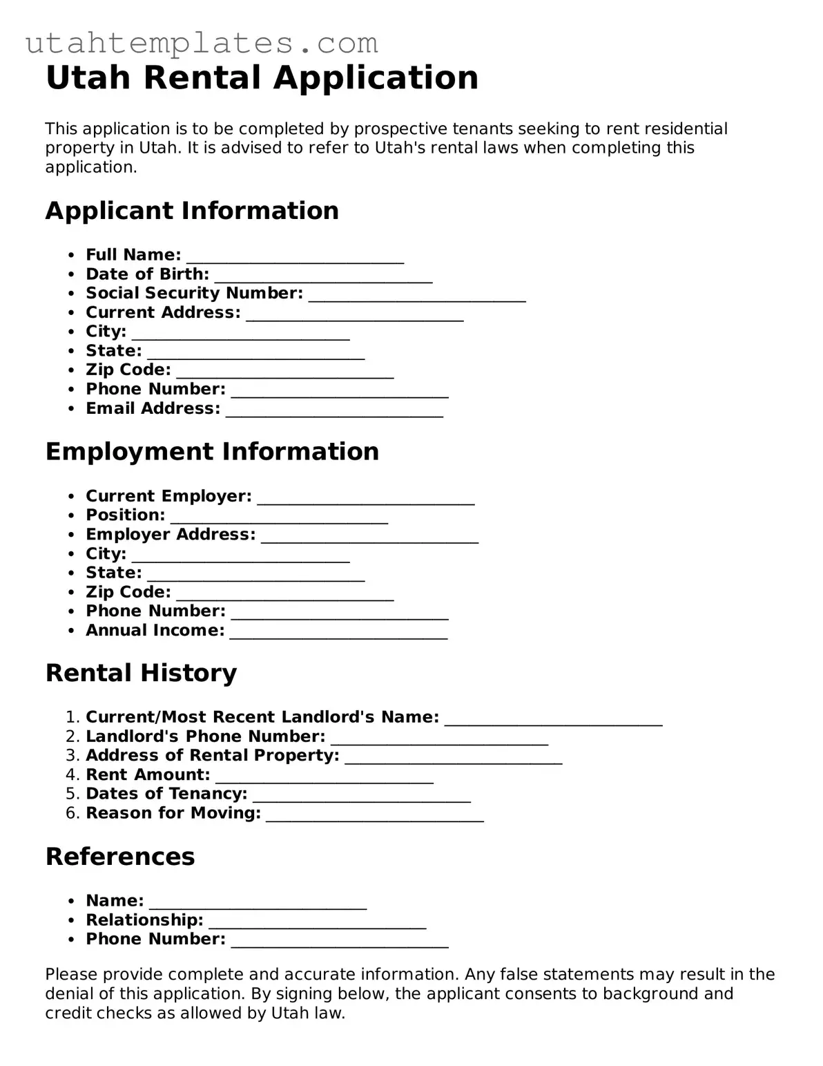 Free  Rental Application Form for Utah