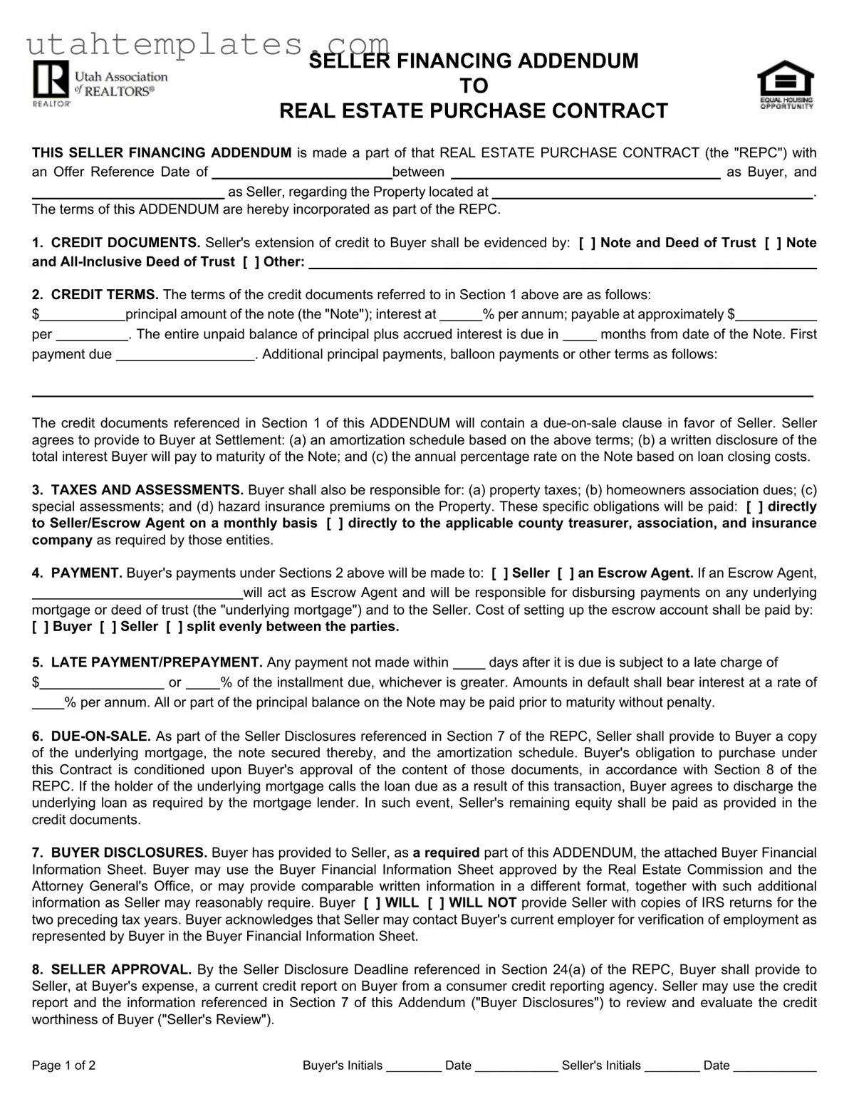 Blank Utah Seller Financing Addendum Form